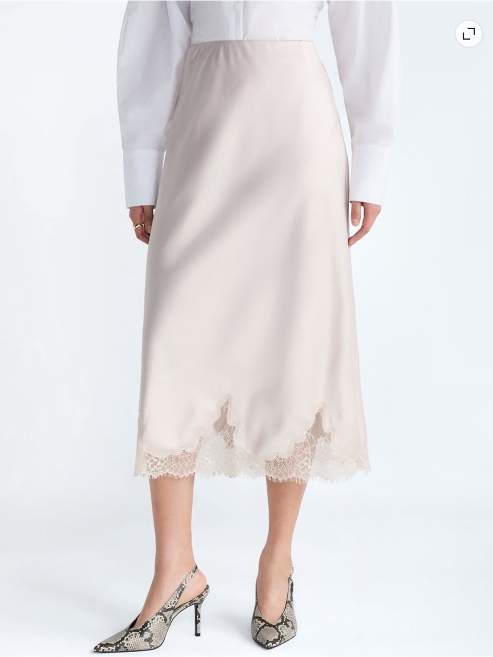 Satin Champagne Midi Slip Skirt with Lace-Hem